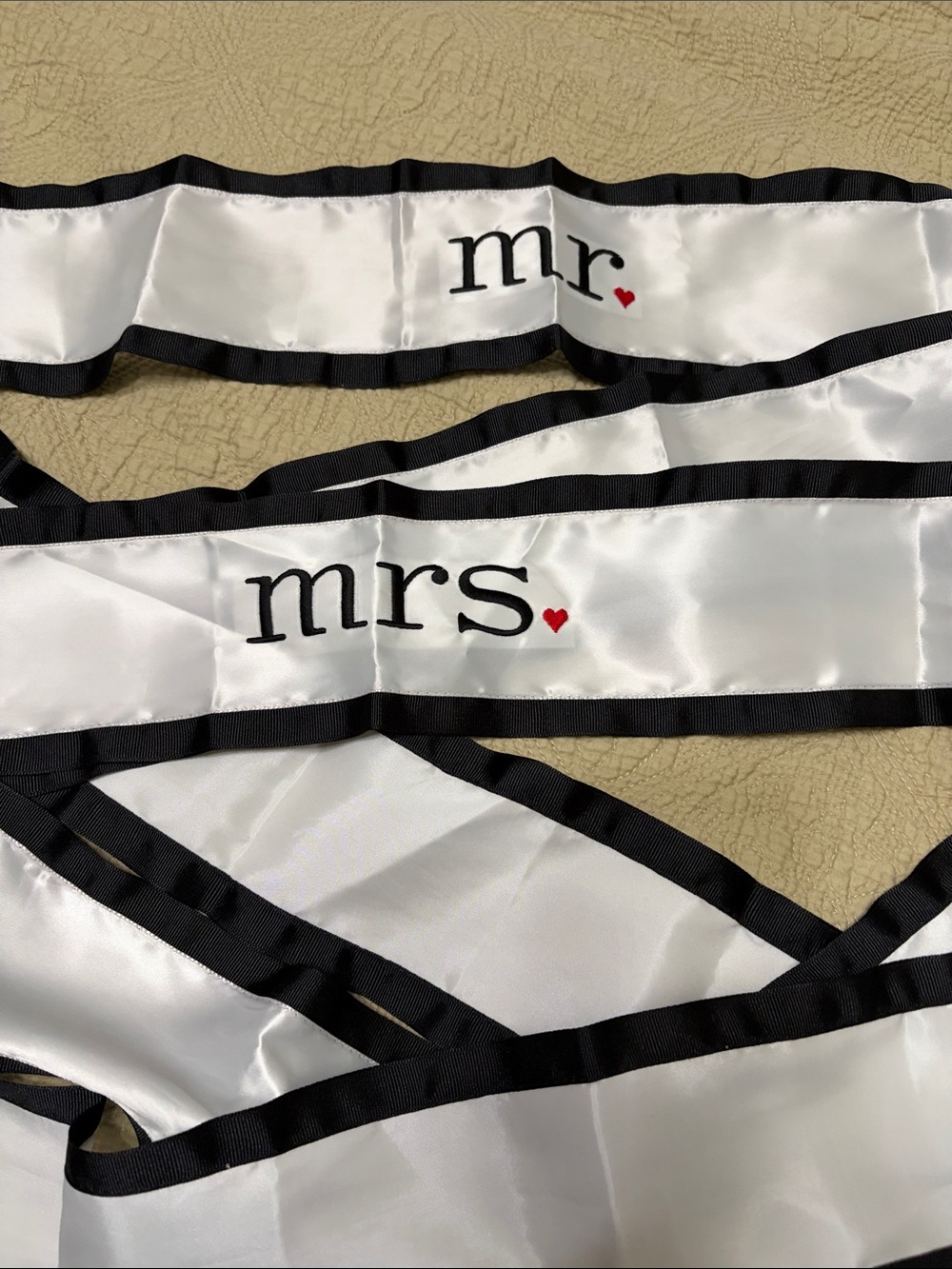 Mr. & Mrs. Satin chair Sashes - White with Black Trim and Red Heart